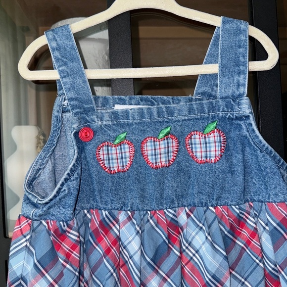 Vintage y2k I.N. girl embroidered denim dress apples plaid appliqué toddler girl - Picture 2 of 9